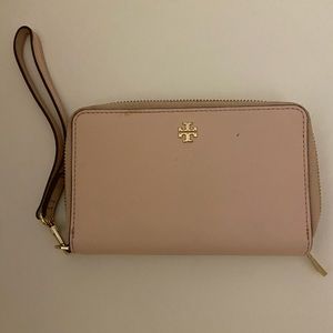 Tory Burch Light Pink Saffiano Leather Wallet with phone compartment